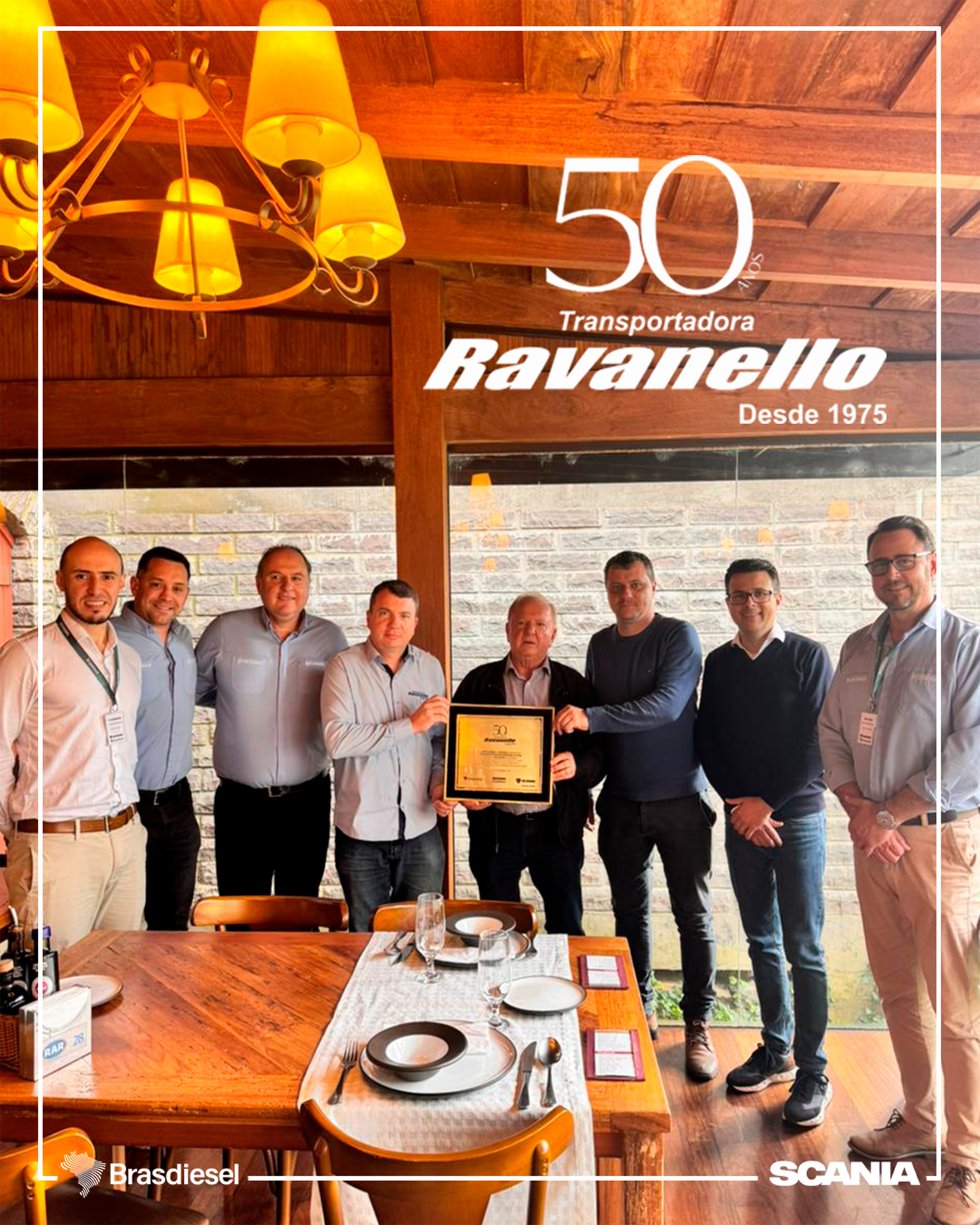Brasdiesel e Scania entregam placa de homenagem aos 50 anos da empresa TRANSPORTADORA RAVANELLO